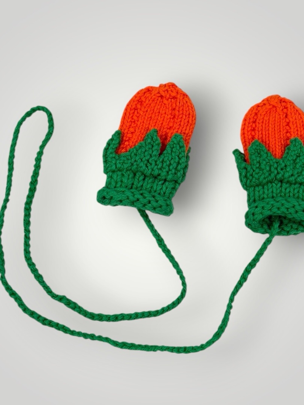 Hand-Knit Orange & Green Kids Mittens with Attached String  0-12 Months - Picture 8 of 10